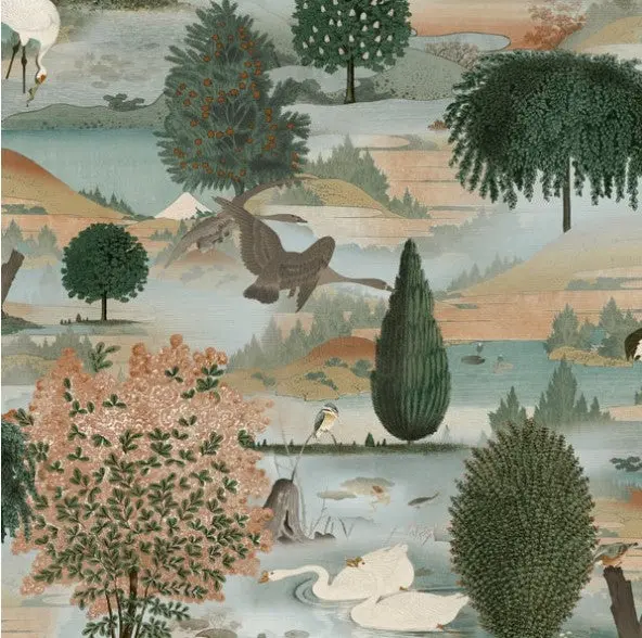 Swan Lake Wallpaper Orange / Green Sample 1