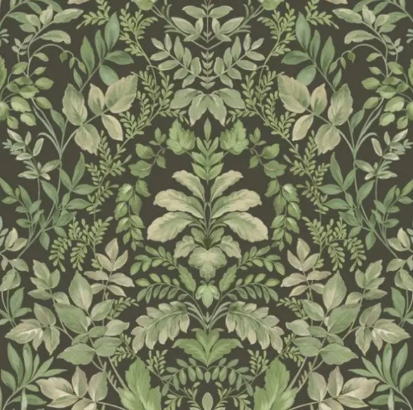Tavira Leaf Wallpaper - Charcoal & Green Sample 1