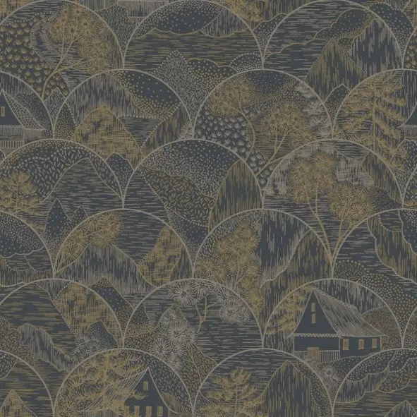 Teshio Oriental Scalloped Wallpaper Charcoal Sample 1