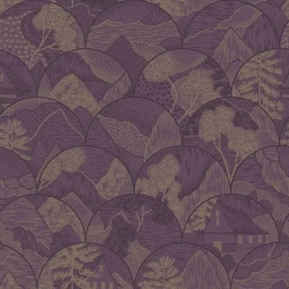 Teshio Oriental Scalloped Wallpaper Plum Sample 1