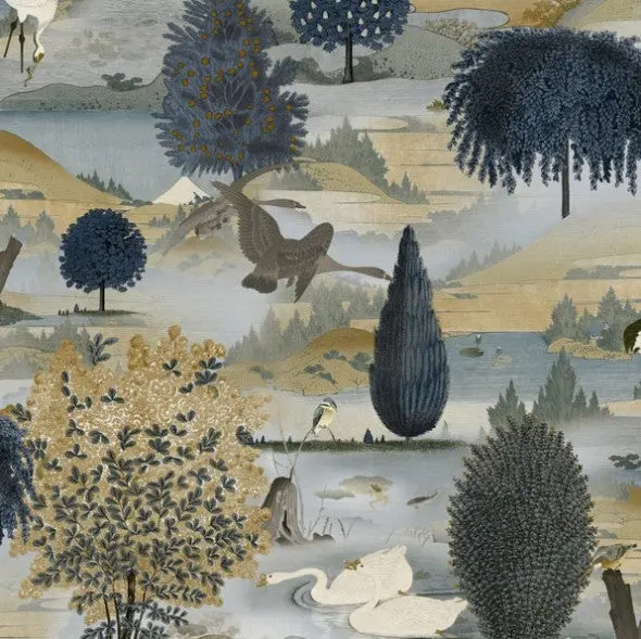 Tundra Scenic Swan Lake Navy & Ochre Wallpaper Sample 1