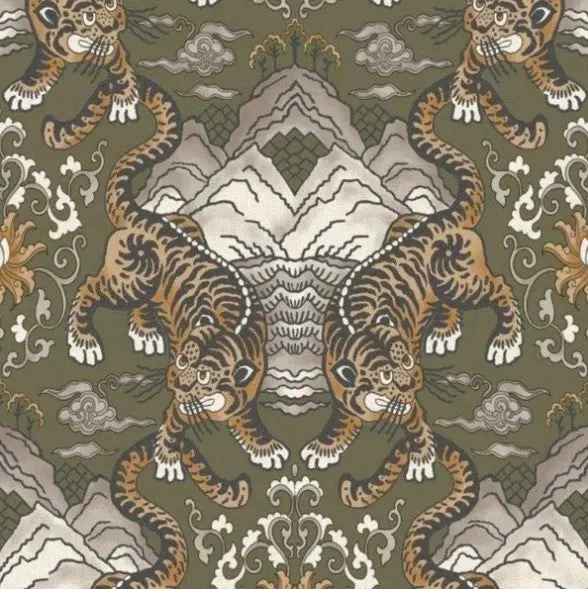 Tora Oriental Tiger Wallpaper Khaki Sample 1