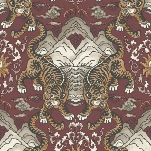 Tora Oriental Tiger Wallpaper Maroon Sample 1