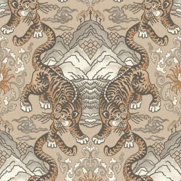 Tora Oriental Tiger Wallpaper Taupe Sample 1
