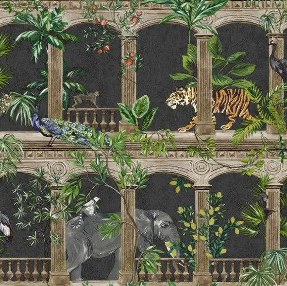 Tropical Animal Arches Wallpaper - Black Sample 1