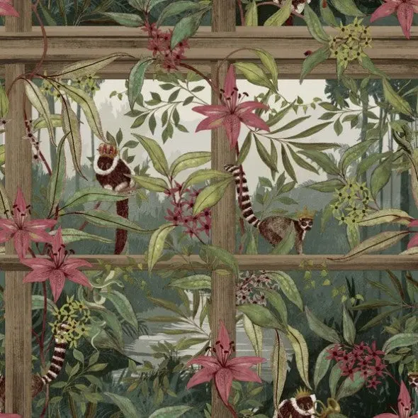 Tropical Animal Window Wallpaper - Light Wood Sample 1