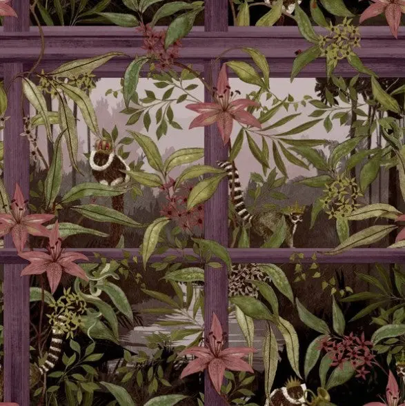 Tropical Animal Window Wallpaper - Plum Sample 1