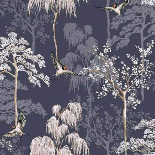 Japanese Garden Oriental Tree And Bird Blue Wallpaper Sample 1