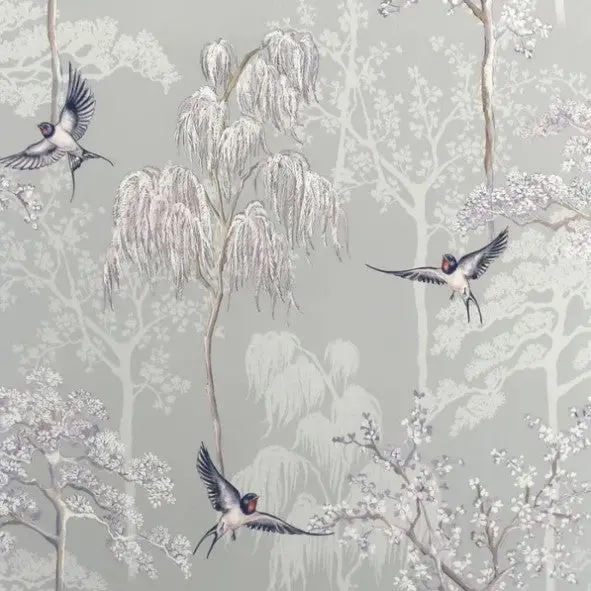 Japanese Garden Oriental Tree And Bird Wallpaper Grey  Sample 1