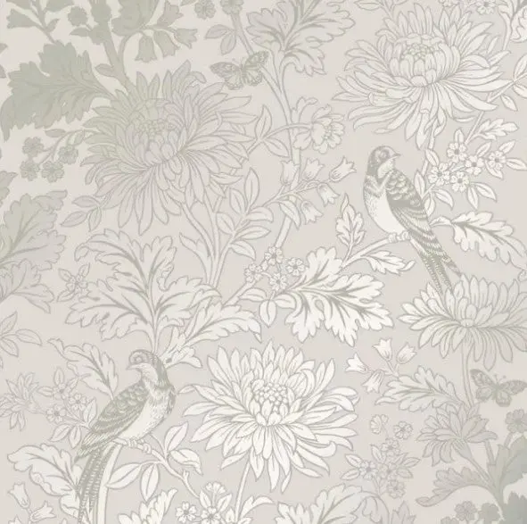 Vintage Metallic Floral & Birds Wallpaper Natural Sample 1