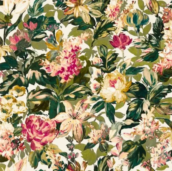 Clarke & Clarke Lilum Wallpaper- Olive/Raspberry Sample 1