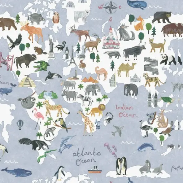 Kids Animal Maps Blue Wallpaper Sample 1
