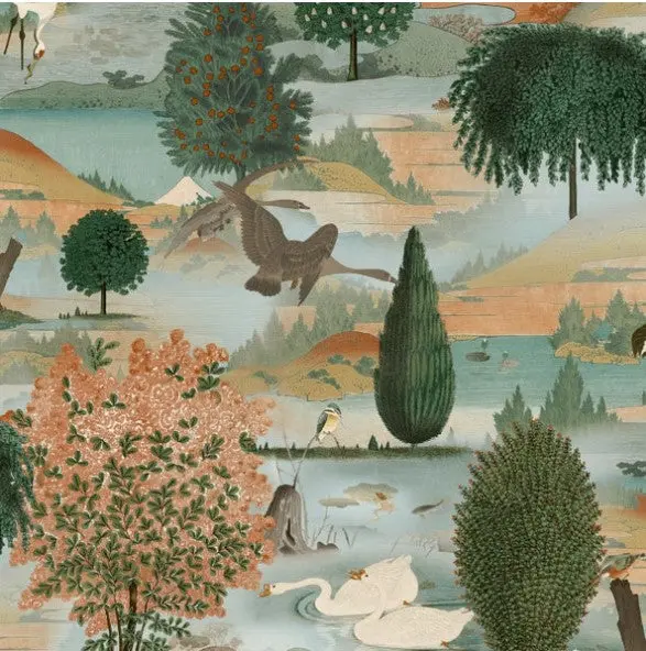 Tundra Scenic Swan Lake Orange & Green Wallpaper Sample 1