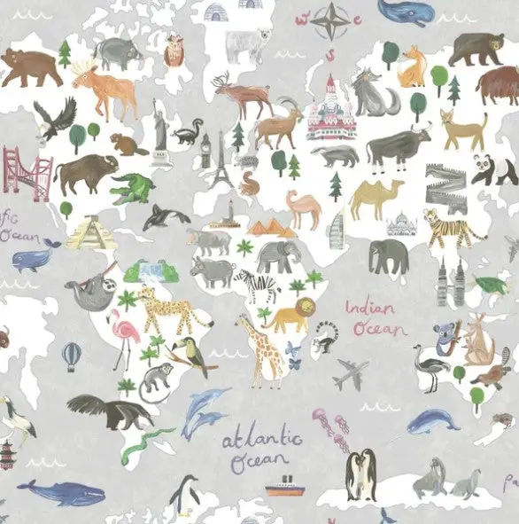 Kids Animal Maps Grey Wallpaper Sample 1