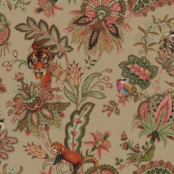Zari Jacobean Animal Coral Wallpaper Sample 1