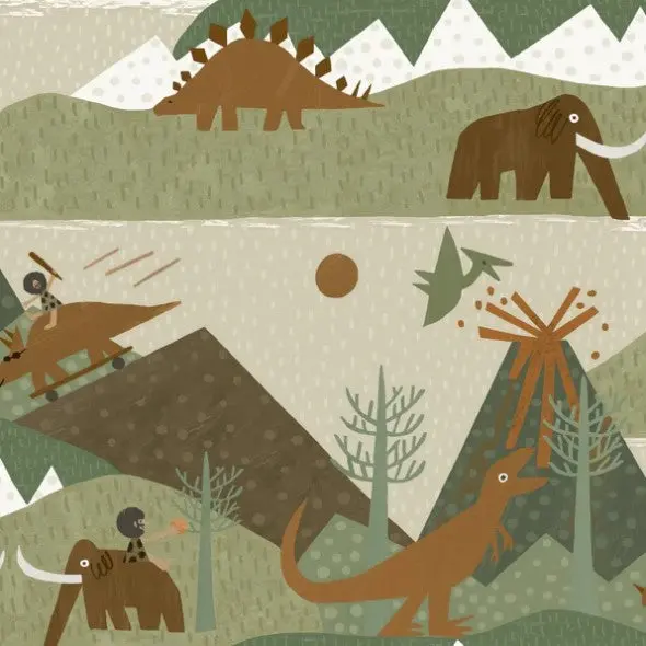 Kids Prehistoric Animal Green & Orange Wallpaper Sample 1
