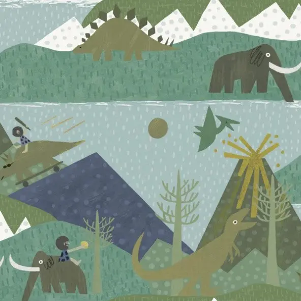 Kids Prehistoric Animal Teal Wallpaper Sample 1