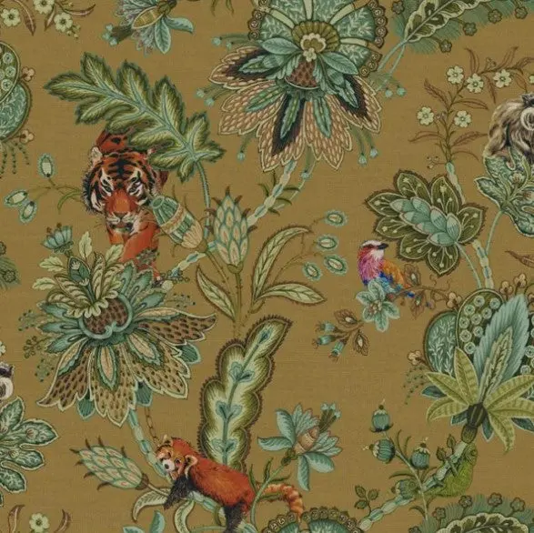 Zari Jacobean Animal Ochre Wallpaper Sample 1