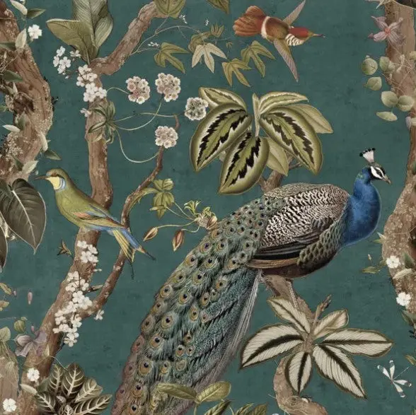 Whispering Peacock Woods Wallpaper - Aqua Sample 1