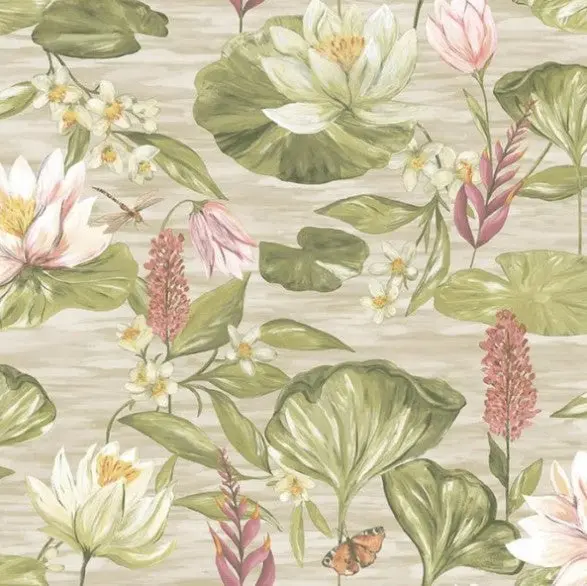 Water Lily Floral Wallpaper - Beige Sample 1