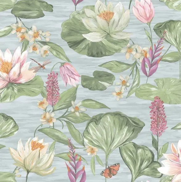 Water Lily Floral Wallpaper - Blue Sample 1