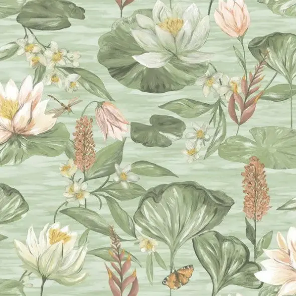 Water Lily Floral Wallpaper - Green Sample 1