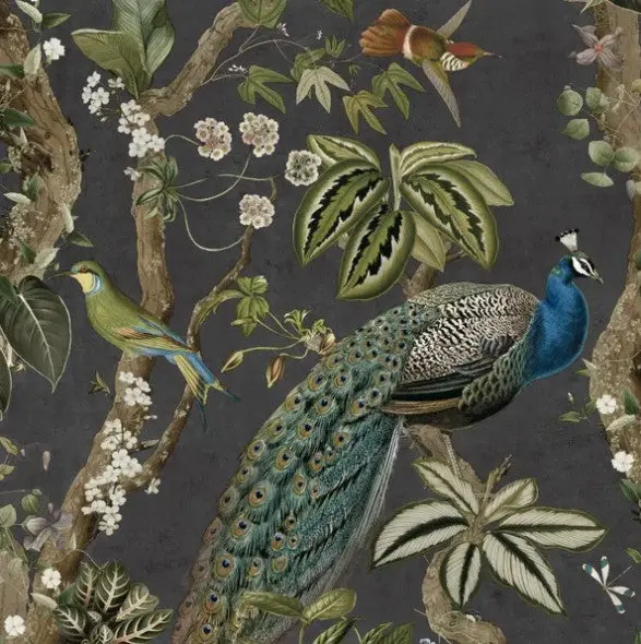 Whispering Peacock Woods Wallpaper - Charcoal Sample 1