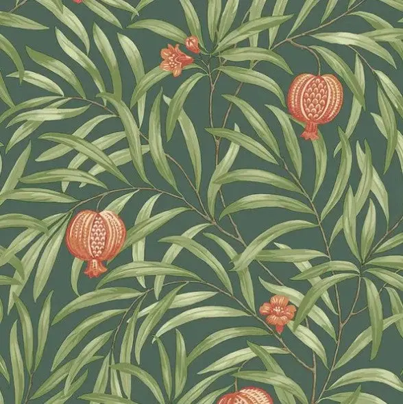 Pomegranate Leaf Wallpaper - Deep Green/ Orange Sample 1