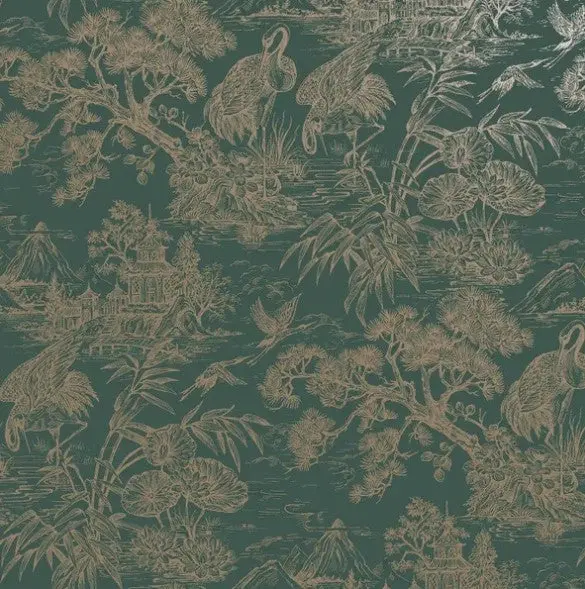 Whispering Crane Lagoon Wallpaper - Aqua/Gold Sample 1