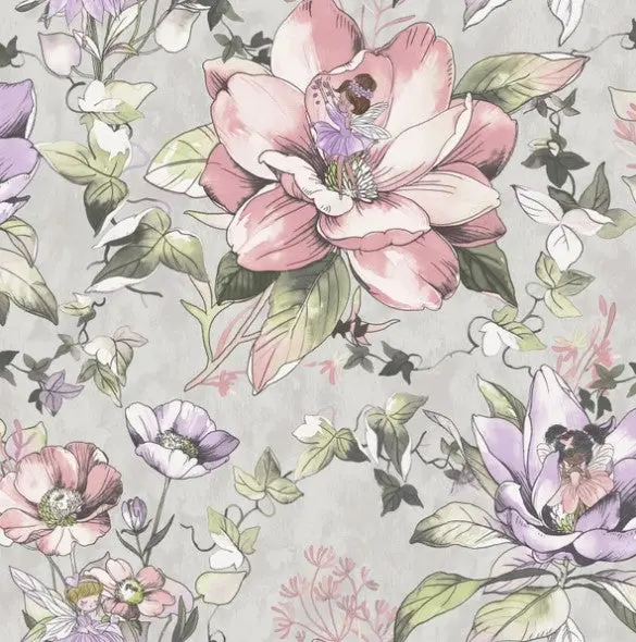 Floral Fairies Flower Grey Wallpaper Sample 1