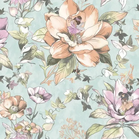 Floral Fairies Flower Teal Wallpaper Sample 1