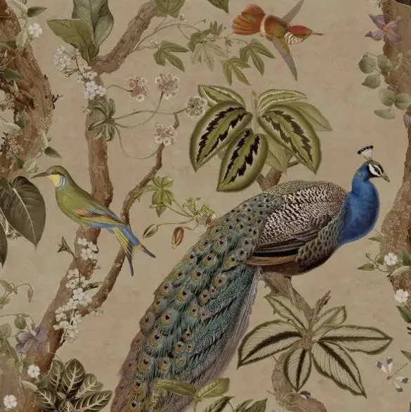 Whispering Peacock Woods Wallpaper - Taupe Sample 1