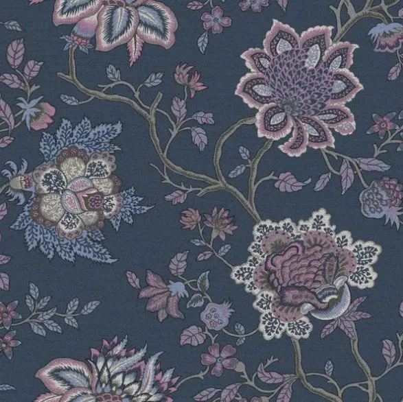 Regan Jacobean Wallpaper - Navy Sample 1