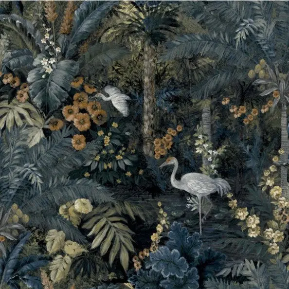 Masoala Tropical Palm Tree And Crane Wallpaper Navy Sample 1
