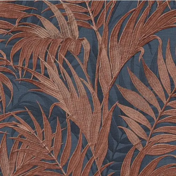 Grace Tropical Palm Leaf Wallpaper Navy And Copper Sample 1