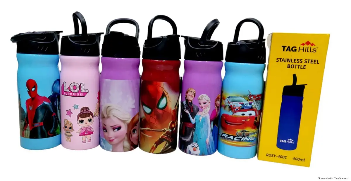 Tag Hills Rosy Water Bottle, Set Of 3, Multicolour Cartoon Design With Handle Cap Each 400Ml 1