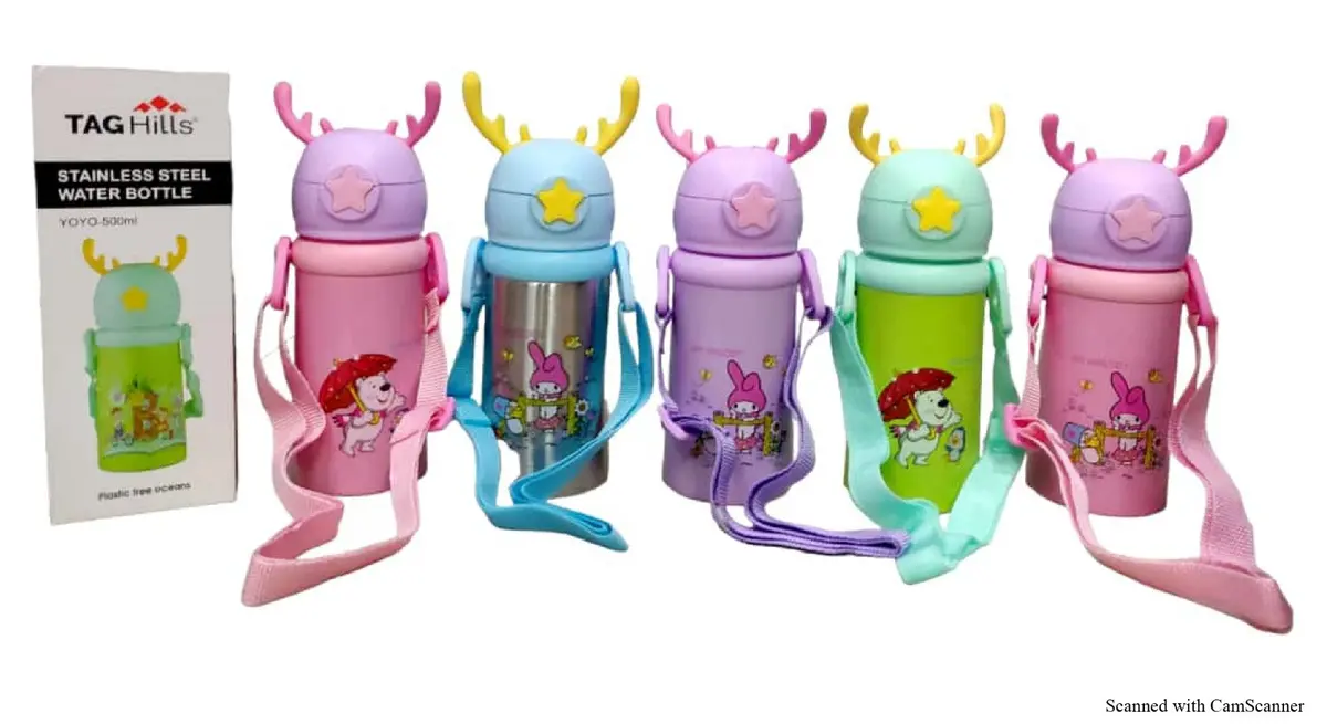 Tag Hills Yoyo Water Bottle, Button Flip Lock Open With Neck Band, Set Of 3 Multicolour Cartoon Design Each 500 Ml (Kids Special) 1