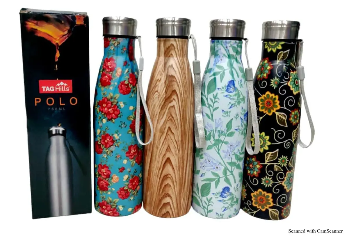 Tag Hills Polo 750 D Stainless Steel Water Bottle Set Of 3, Multi Colour Wall Design Print Each 750Ml 1