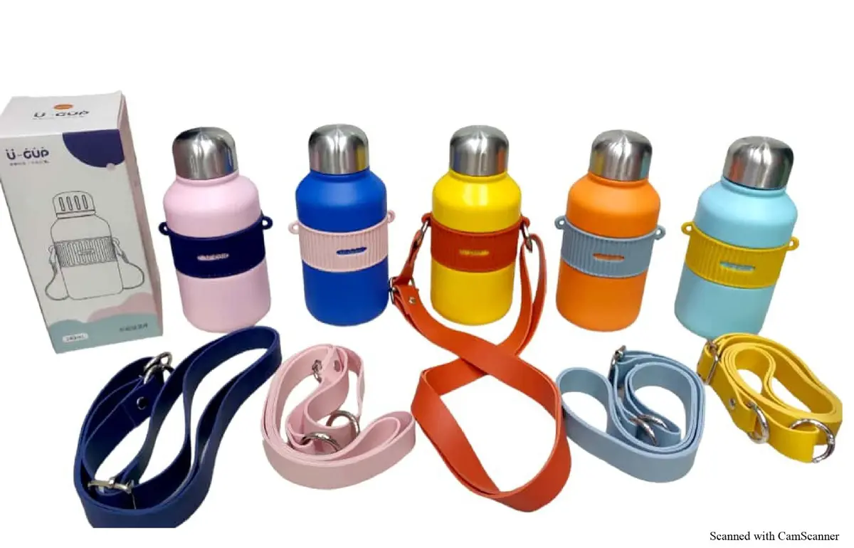 Tag Hills Hot & Cold Mini Water Bottle With Neck Belt Set Of 3, Multi Colour Unique Design Each 380 Ml 1