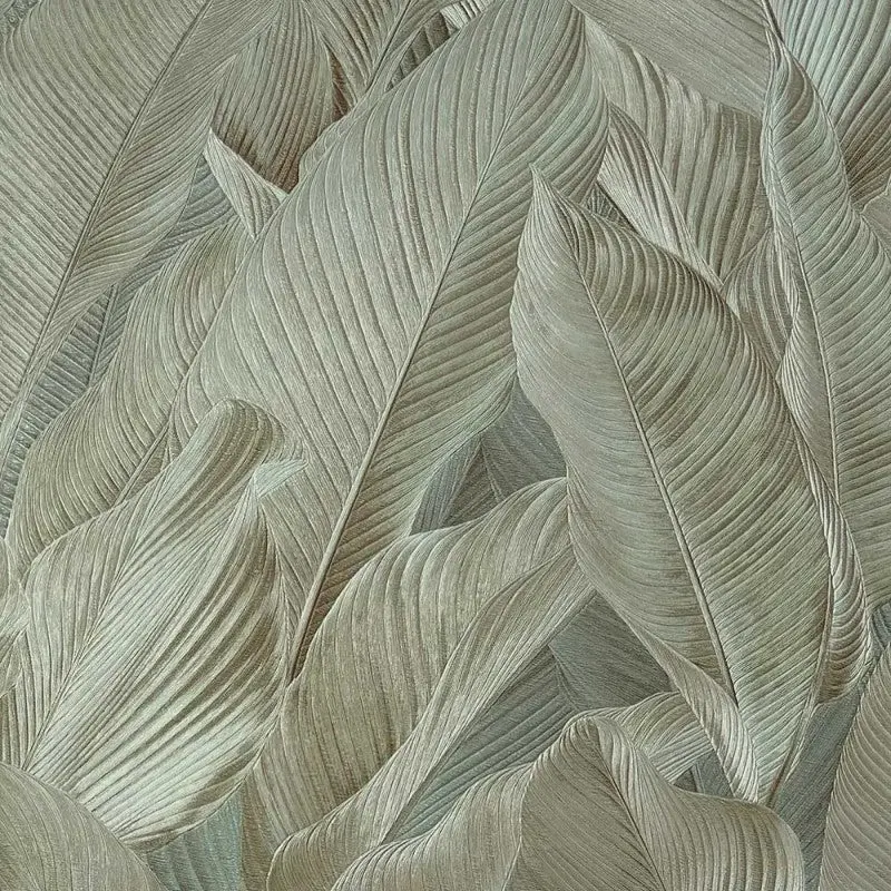 Gianni Leaf Metallic Textured Wallpaper Khaki Green Sample 1