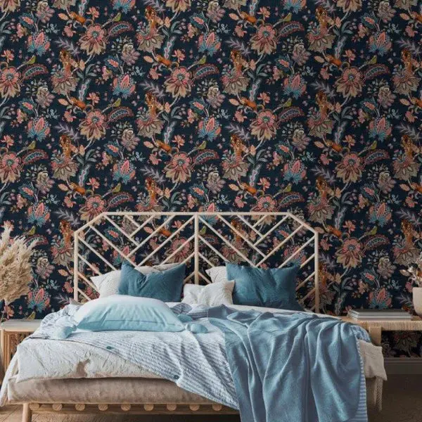 Animal Jacobean Wallpaper Navy Sample 1