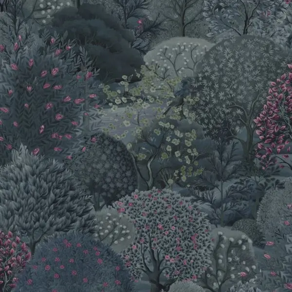 Arboretum Tree Wallpaper - Navy & Berry Sample 1