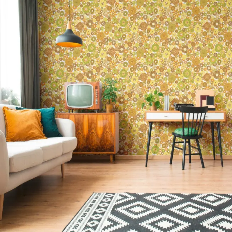 Retro Chic Flower Power Wallpaper Yellow 1