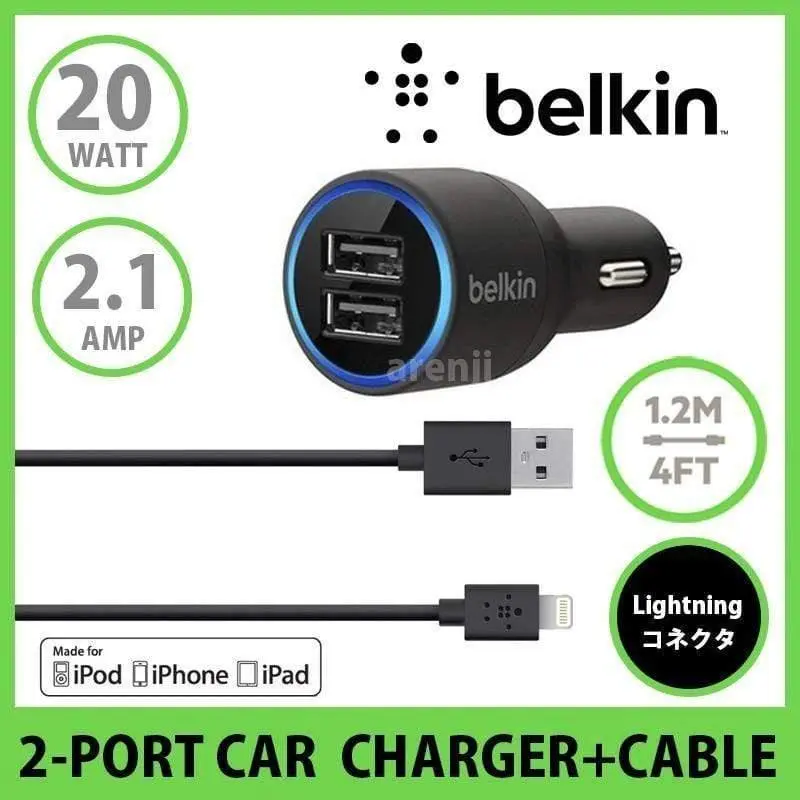 Belkin Dual Car Charger With Lightning Cable 20 Watt 2.1 Amp Per Port 1