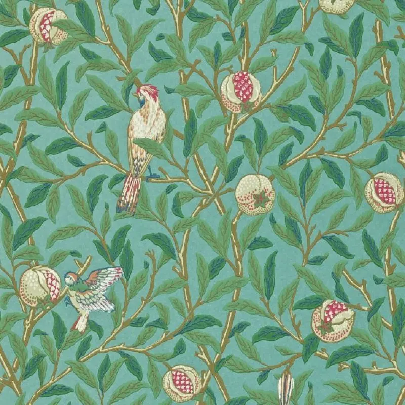 Morris & Co Bird & Pomegranate Wallpaper - Turquoise/Coral Sample 1