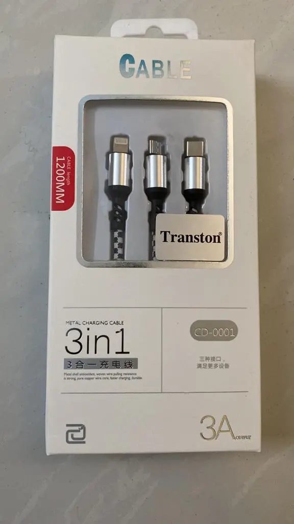 Transton 3 In 1 Cable Nylon Duo Jean Braided Fast, Rapid, Super Charging Cable For Micro Usb, I-Phone & Type C Devices. 3.3 Ft 3In1 Charging Cable Car Multi Charger Cable 1