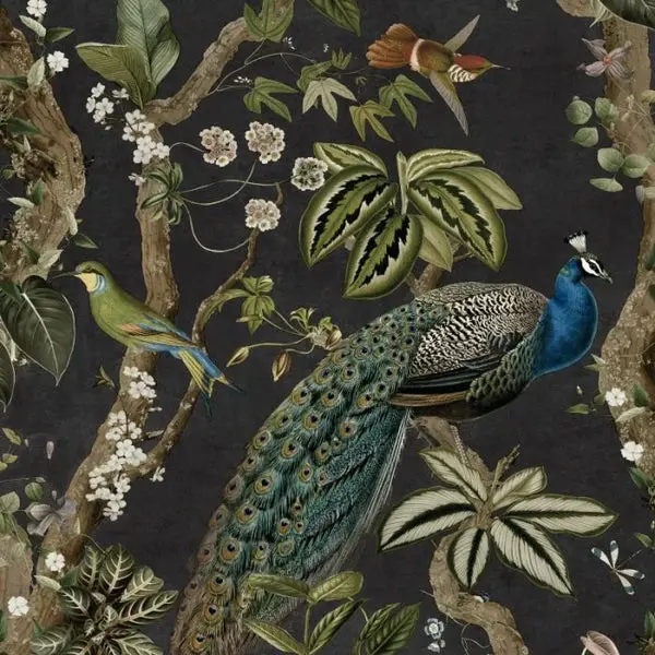 Cassia Peacock Wallpaper - Charcoal Sample 1