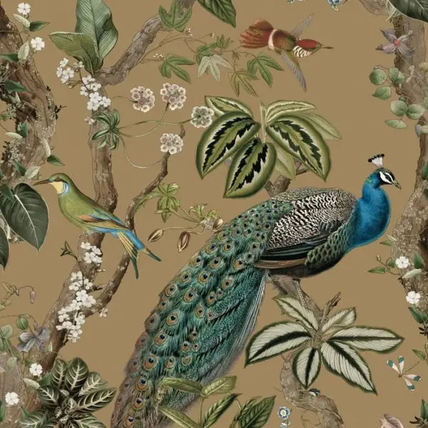 Cassia Peacock Wallpaper - Gold Sample 1