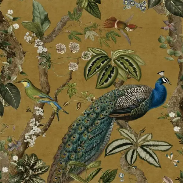 Cassia Peacock Wallpaper - Ochre Sample 1