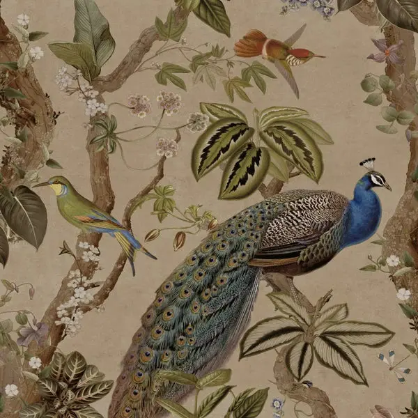 Cassia Peacock Wallpaper - Taupe Sample 1